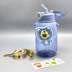 Бутылка "Мишка в иллюминаторе" с клапаном, трубочкой и ремешком 680 мл. / Наклейки в подарок!, Фиолетовый цвет